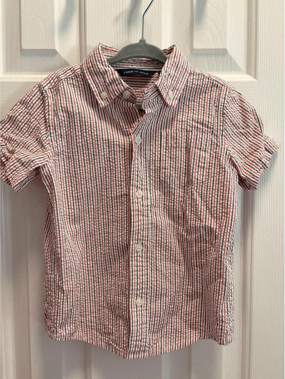 Janie and Jack Red White Blue Stripe Seersucker Button Down Shirt Boys 3T